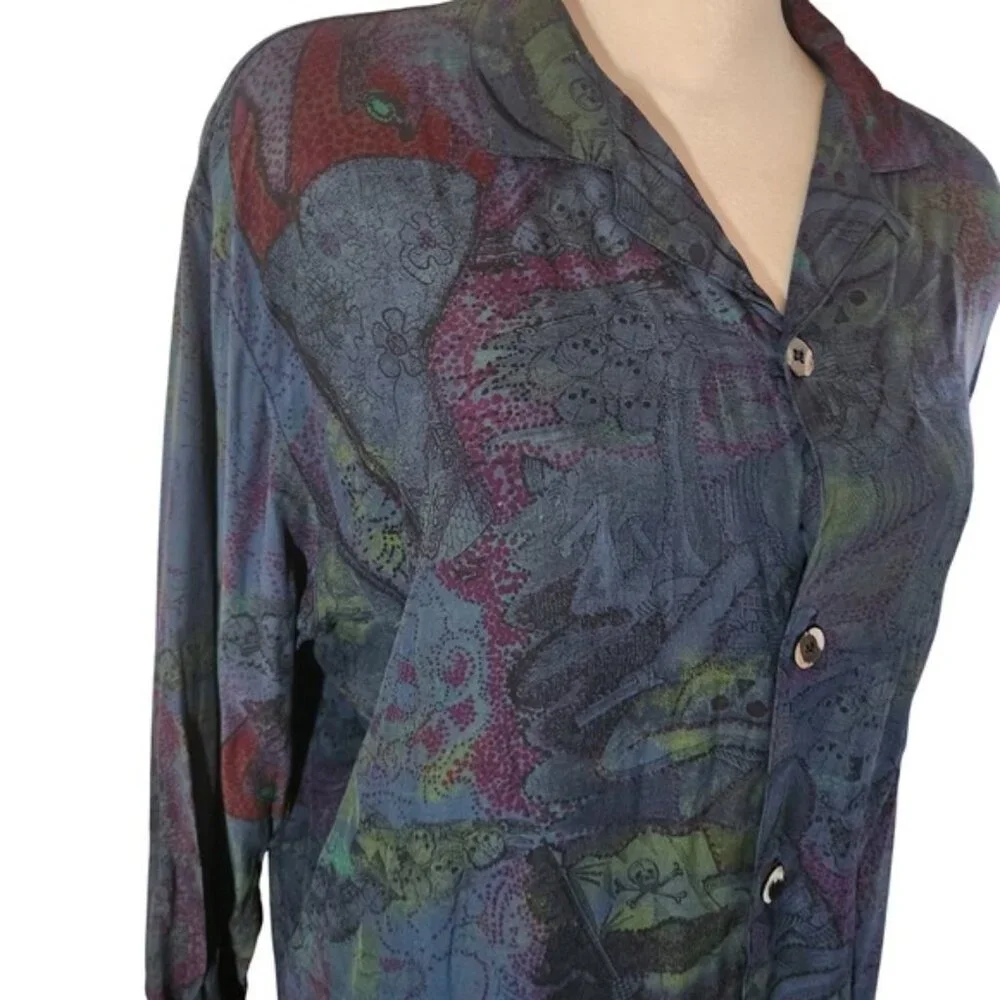 Waterland S Mens Unisex Skull Pirate‎ Print Vintage Shirt Long Sleeve Top Rayon
